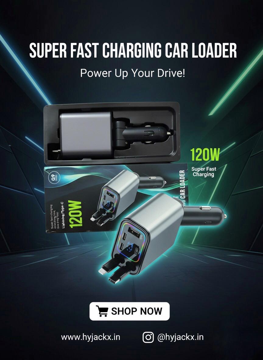 120W Car Fast Charger with USB-C + USB | Compatible with iPhone & Android | QuickCharge 3.0