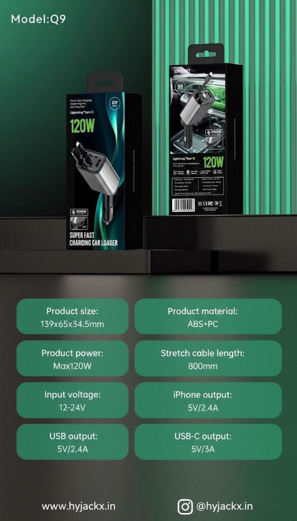 120W Car Fast Charger with USB-C + USB | Compatible with iPhone & Android | QuickCharge 3.0